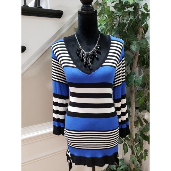 Cable & Gauge Women's Blue Viscose Striped V Neck Long Sleeve Top Blouse Medium - Picture 1 of 11